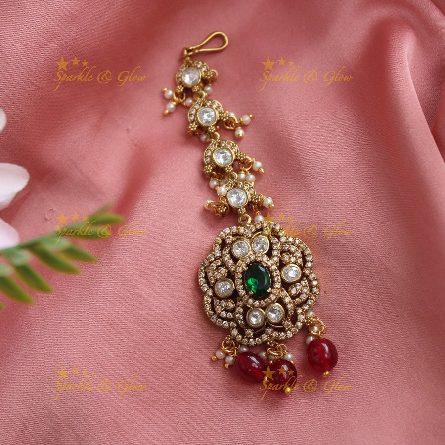 Statement Victorian AD Floral Maangtikka with kundan stones - Sparkle and Glow - 