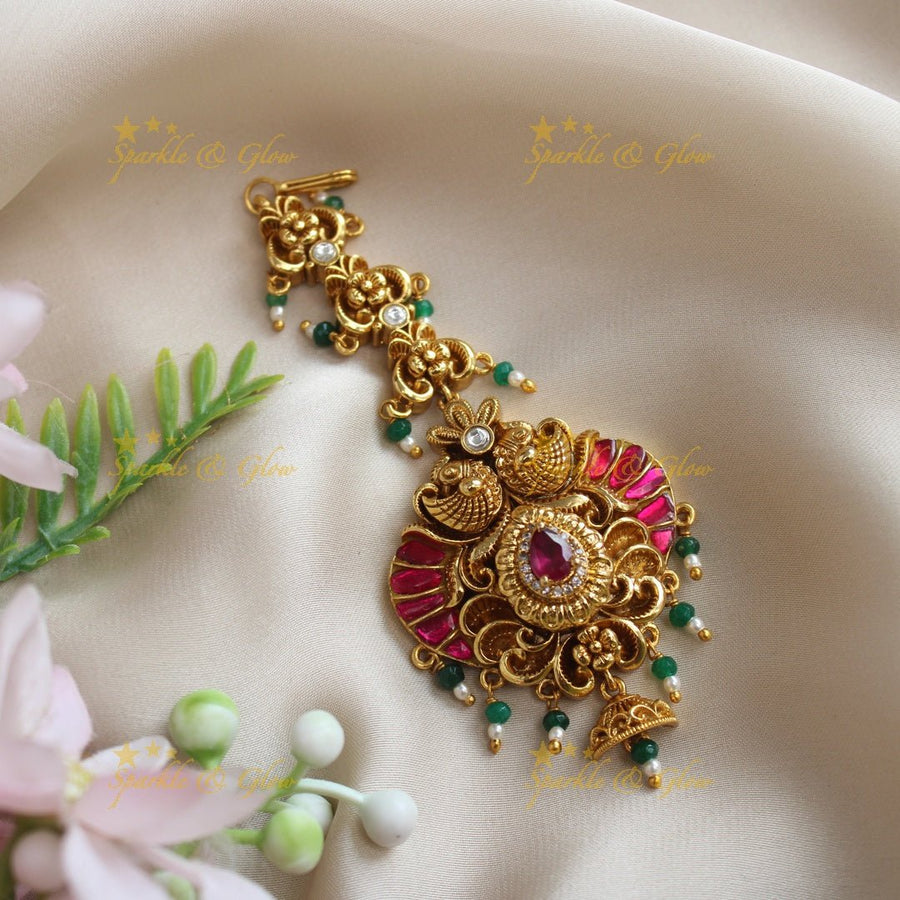 Grand Peacock Floral single line maangtikka - Sparkle and Glow - 