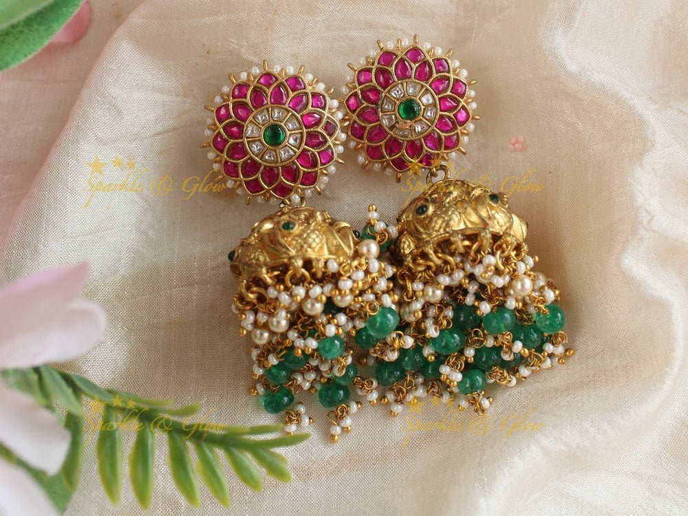 Real Jadau Kundan Sunflower Jhumukas with green beads - Sparkle and Glow - 