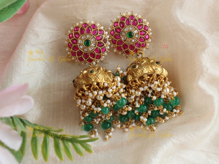 Real Jadau Kundan Sunflower Jhumukas with green beads - Sparkle and Glow - 