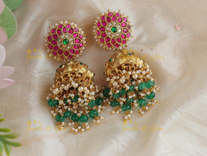 Real Jadau Kundan Sunflower Jhumukas with green beads - Sparkle and Glow - 