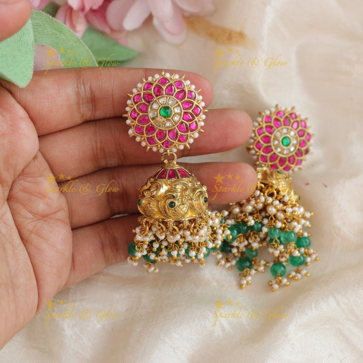 Real Jadau Kundan Sunflower Jhumukas with green beads - Sparkle and Glow - 