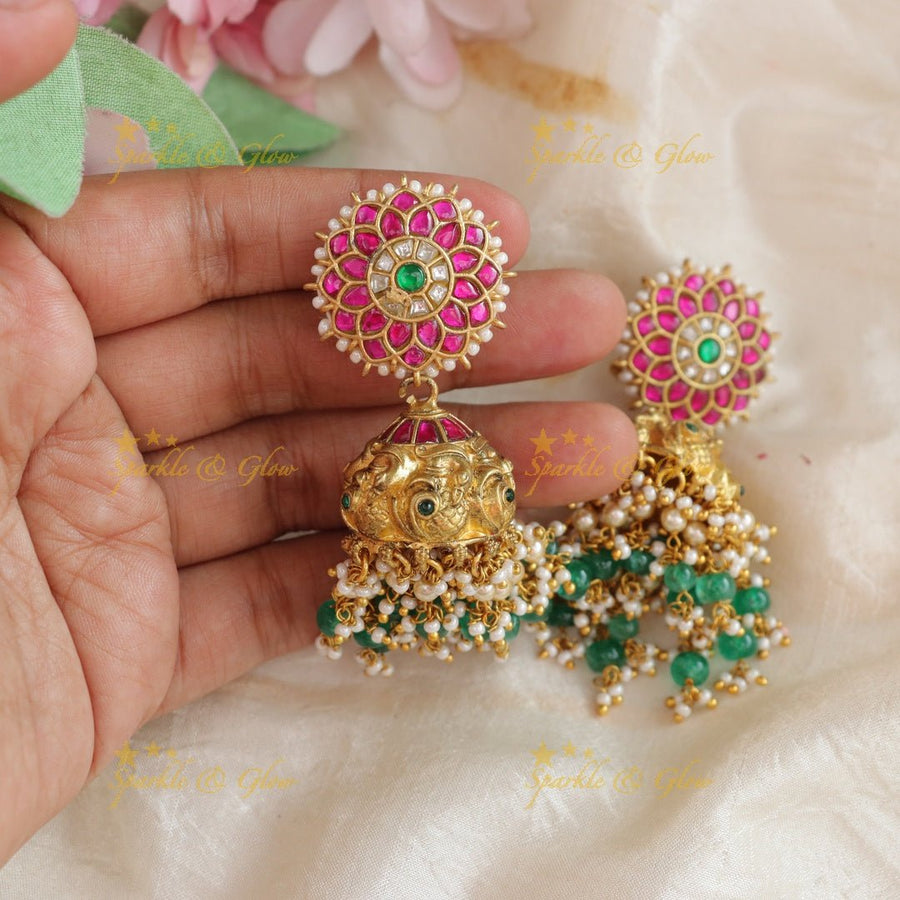 Real Jadau Kundan Sunflower Jhumukas with green beads - Sparkle and Glow - 