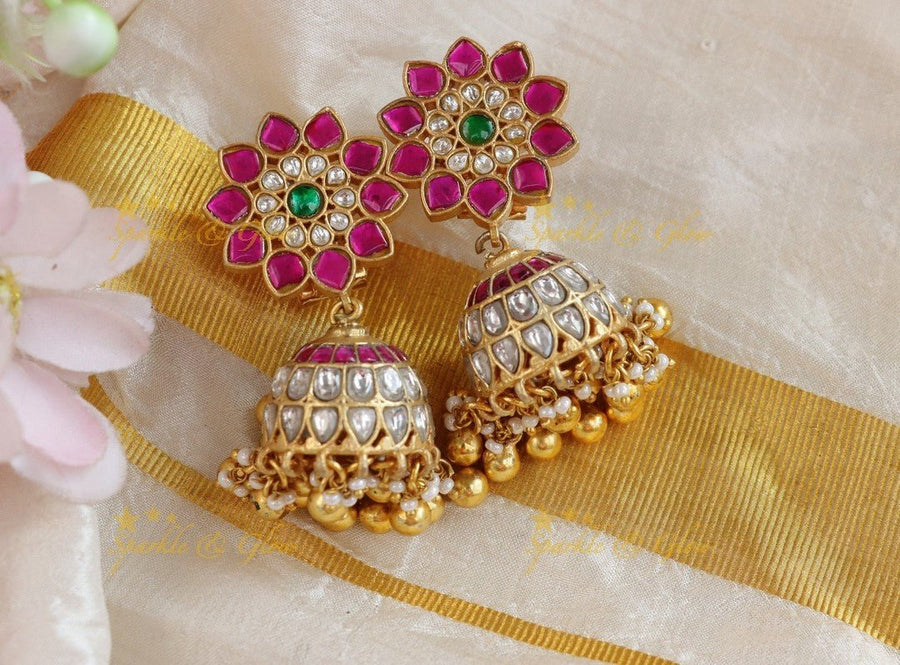 Real Jadau Kundan Floral studded Jhumukas with gold beads - Sparkle and Glow - 