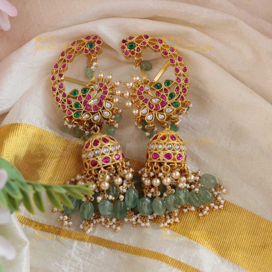 Grand Peacock Floral Jadau Kundan Earcuff with mintgreen beads - Sparkle and Glow - 