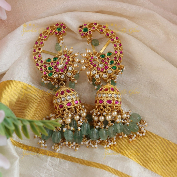 Grand Peacock Floral Jadau Kundan Earcuff with mintgreen beads - Sparkle and Glow - 