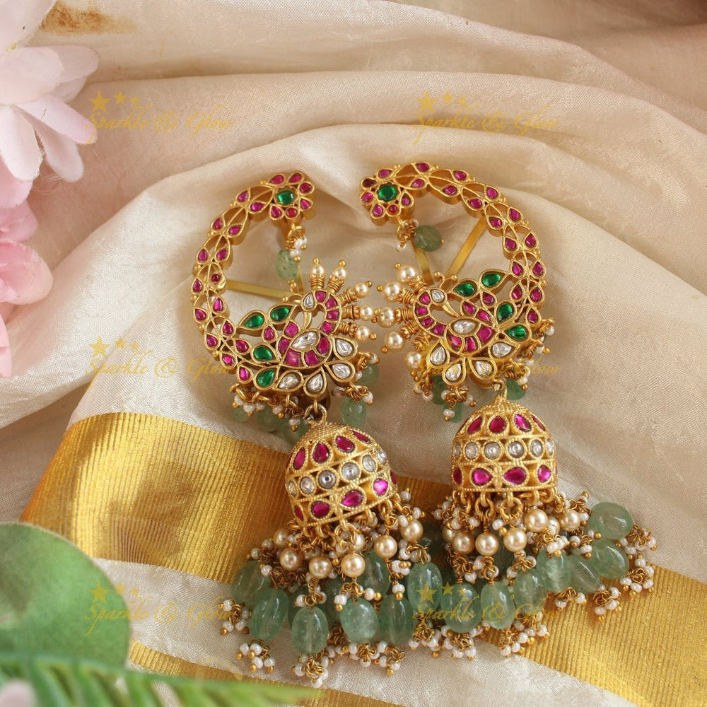 Grand Peacock Floral Jadau Kundan Earcuff with mintgreen beads - Sparkle and Glow - 