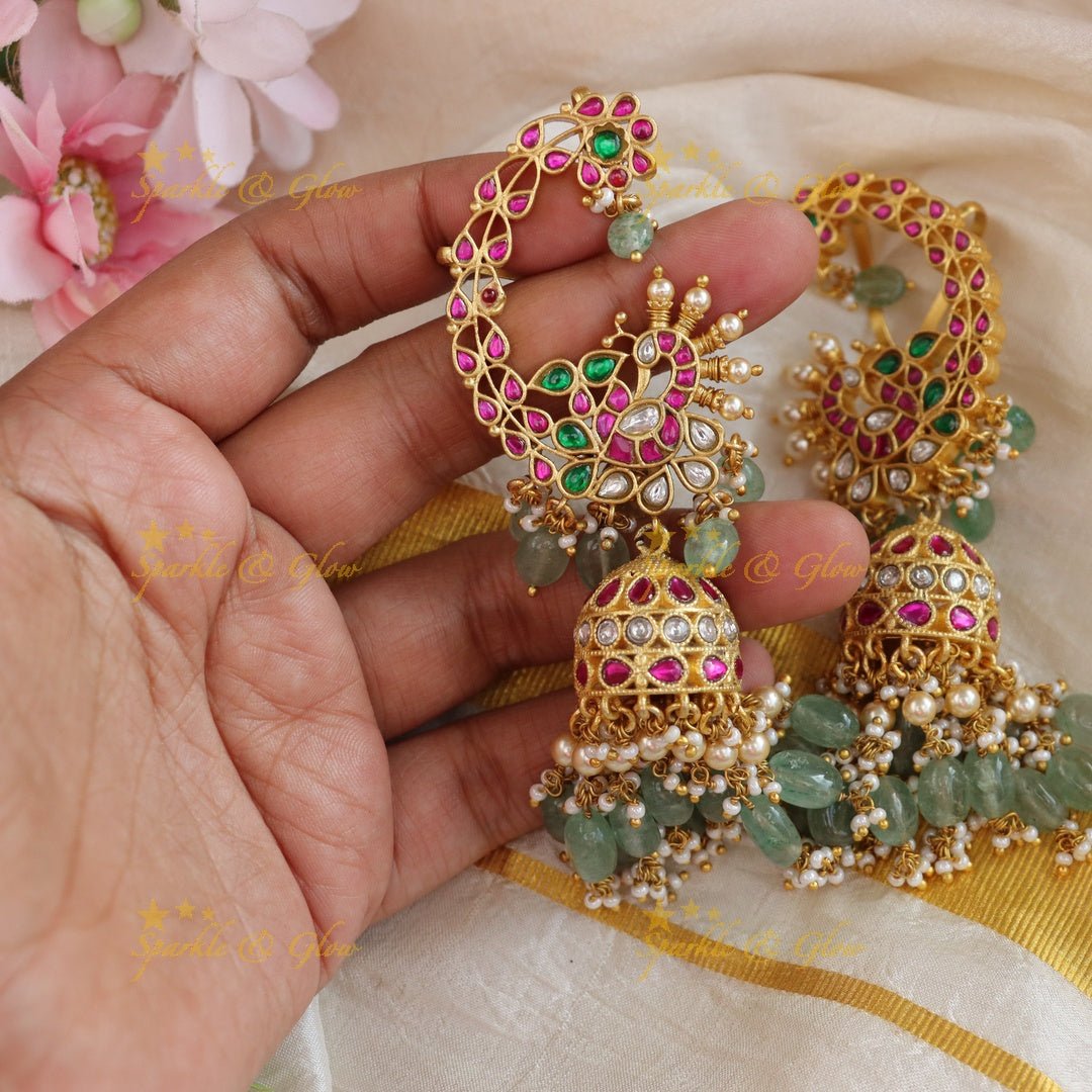 Grand Peacock Floral Jadau Kundan Earcuff with mintgreen beads - Sparkle and Glow - 