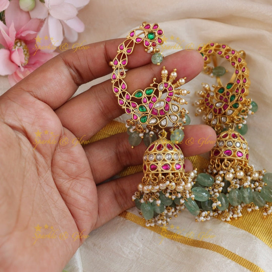 Grand Peacock Floral Jadau Kundan Earcuff with mintgreen beads - Sparkle and Glow - 