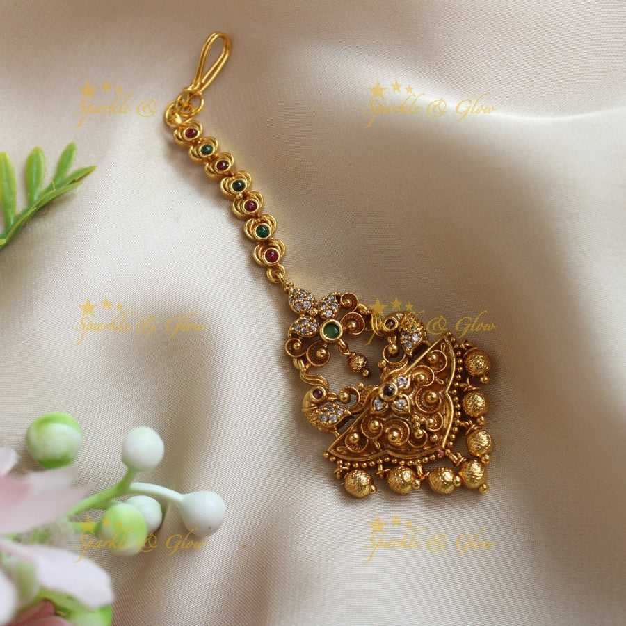 Beautiful Peacock Floral carved Kemp maangtikka - Sparkle and Glow - 
