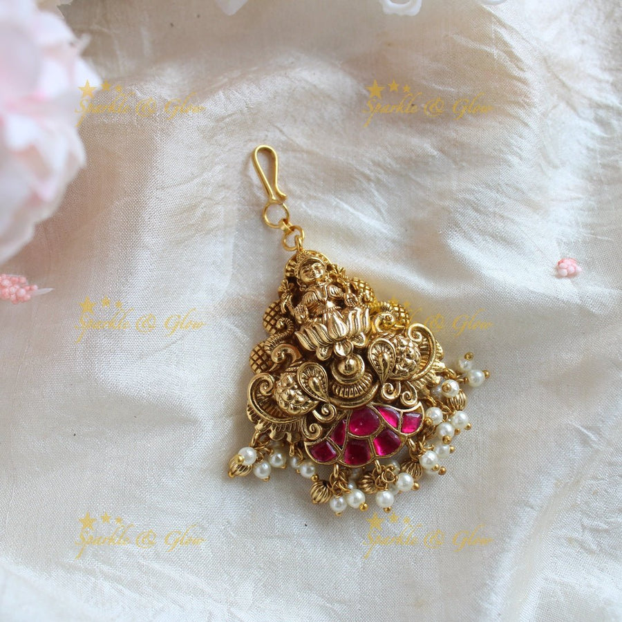 Idol Lakshmi Lotus Floral carved Maangtikka with pearls - Sparkle and Glow - 