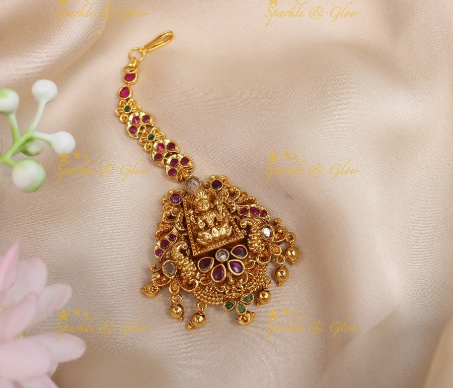 Sparkling Idol Lakshmi Peacock Floral Kemp maangtikka - Sparkle and Glow - 
