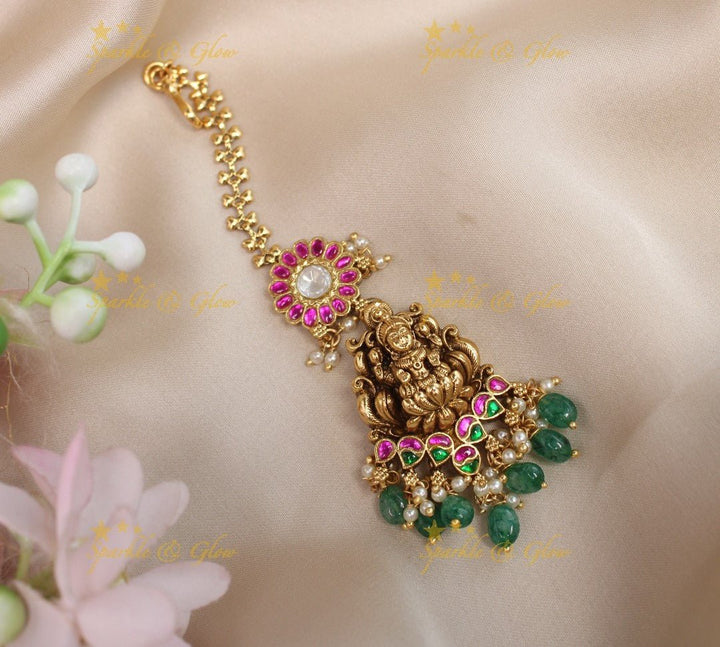 Grand Lakshmi Floral Kemp maangtikka with green beads - Green - Sparkle and Glow - Green - 