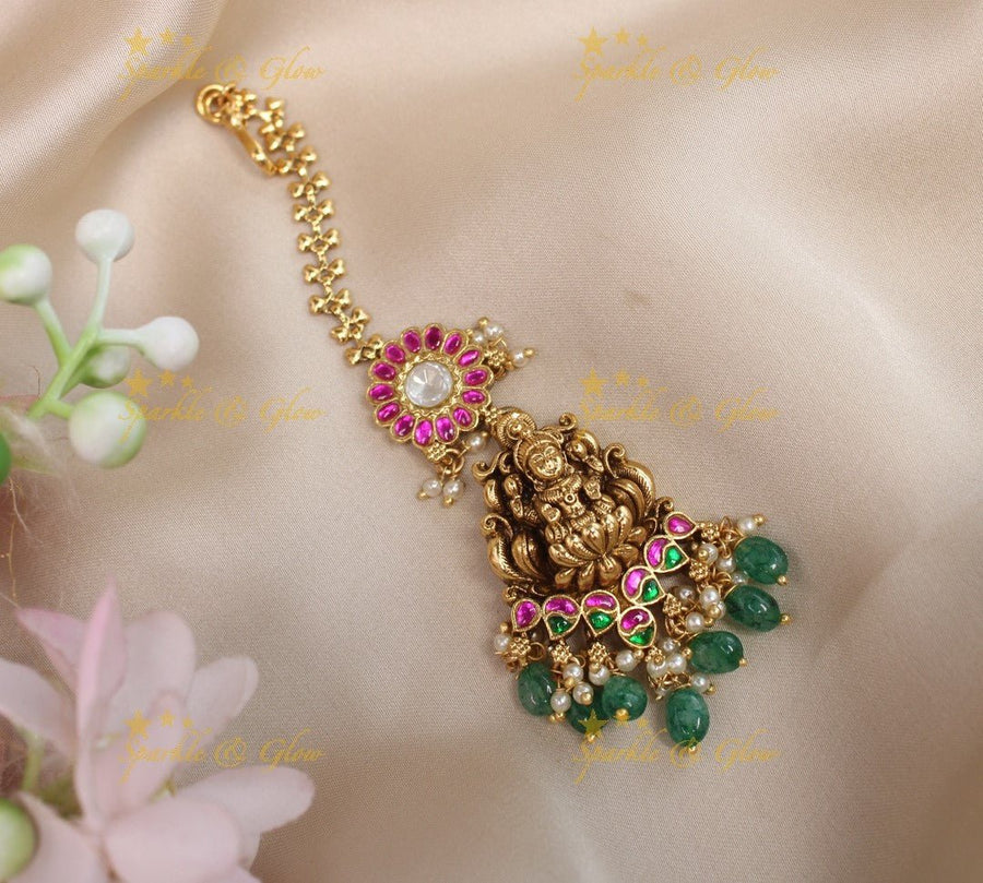 Grand Lakshmi Floral Kemp maangtikka with green beads - Green - Sparkle and Glow - Green - 