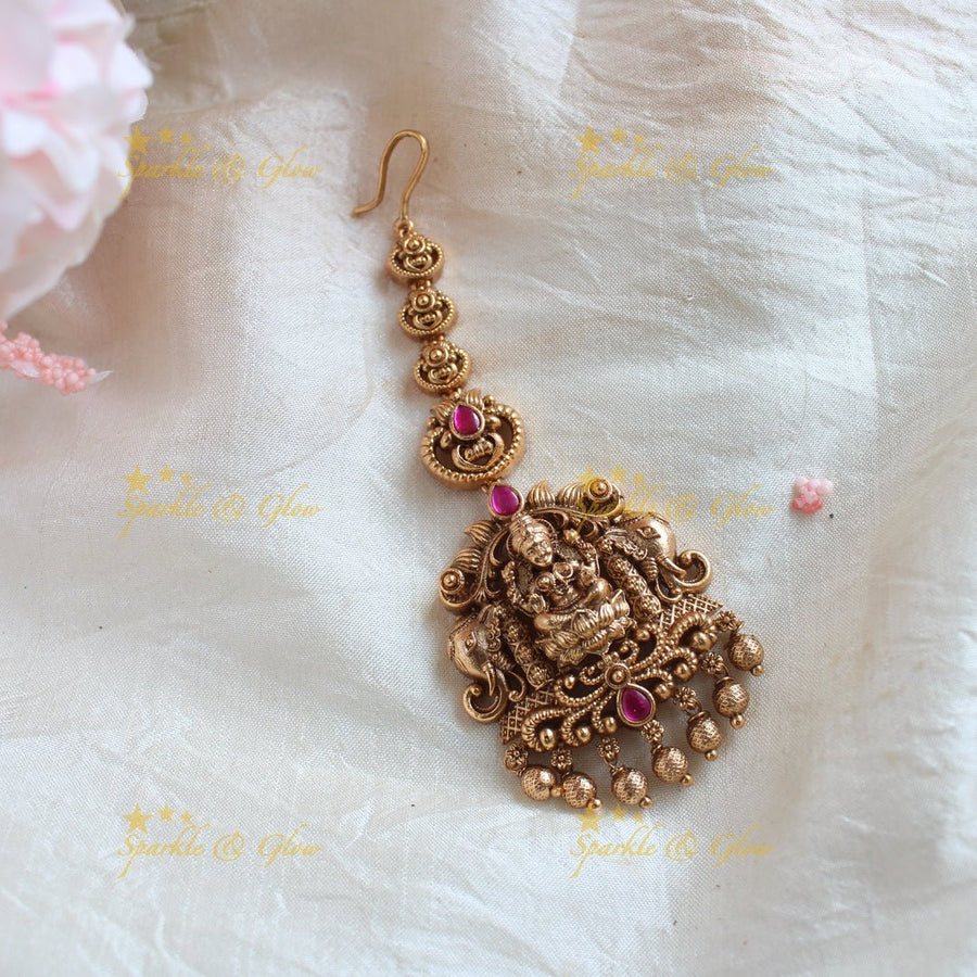 Grand Lakshmi Floral Kemp maangtikka with green beads - Gold - Sparkle and Glow - Gold - 