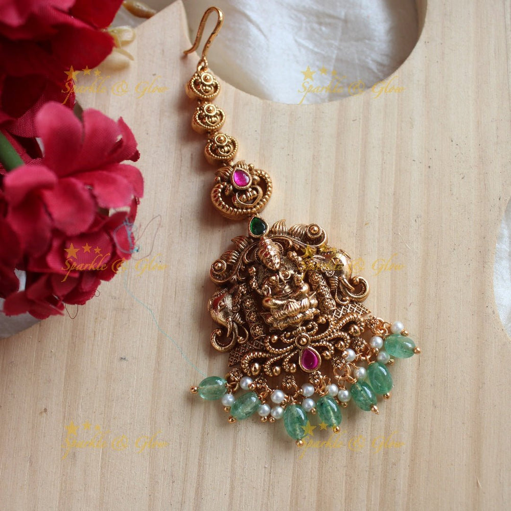 Grand Lakshmi Floral Kemp maangtikka with green beads - Gold - Sparkle and Glow - Mint Green - 