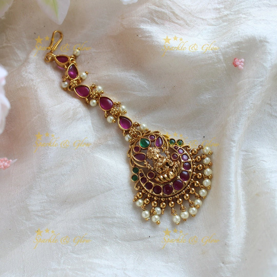 Idol Lakshmi Floral carved Kemp Maangtikka with pearls - Sparkle and Glow - 
