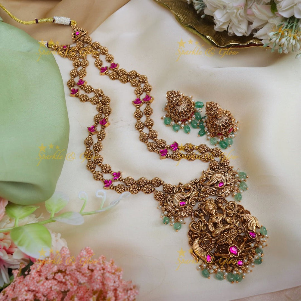 Gorgeous lakshmi and peacock design gold beads haram - pink and mint green - Sparkle and Glow - 