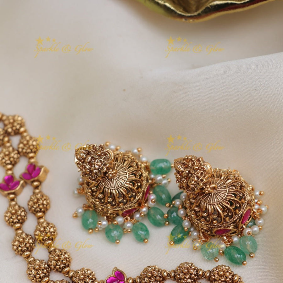 Gorgeous lakshmi and peacock design gold beads haram - pink and mint green - Sparkle and Glow - 