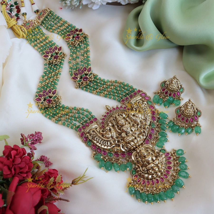 Stunning mint green lotus Lakshmi beads long haram - Sparkle and Glow - Back Thread - 