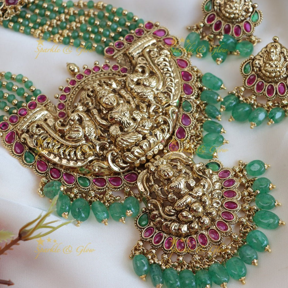 Stunning mint green lotus Lakshmi beads long haram - Sparkle and Glow - Back Thread - 