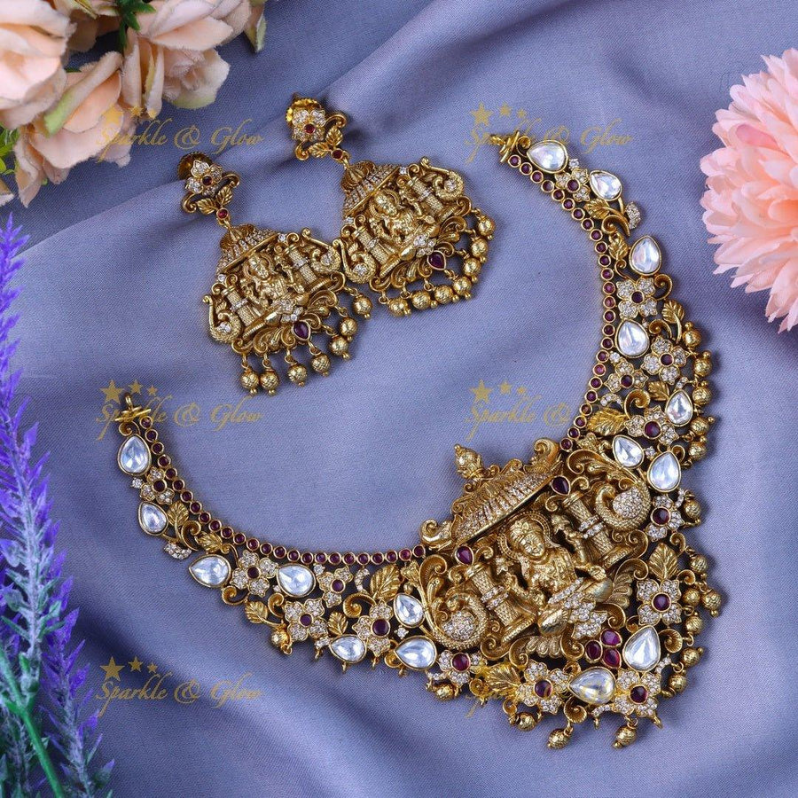 Gracious Idol Lakshmi Peacock Floral carved short necklace with gold beads - Sparkle and Glow