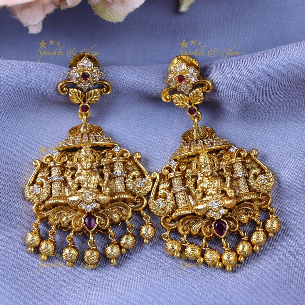 Gracious Idol Lakshmi Peacock Floral carved short necklace with gold beads - Sparkle and Glow