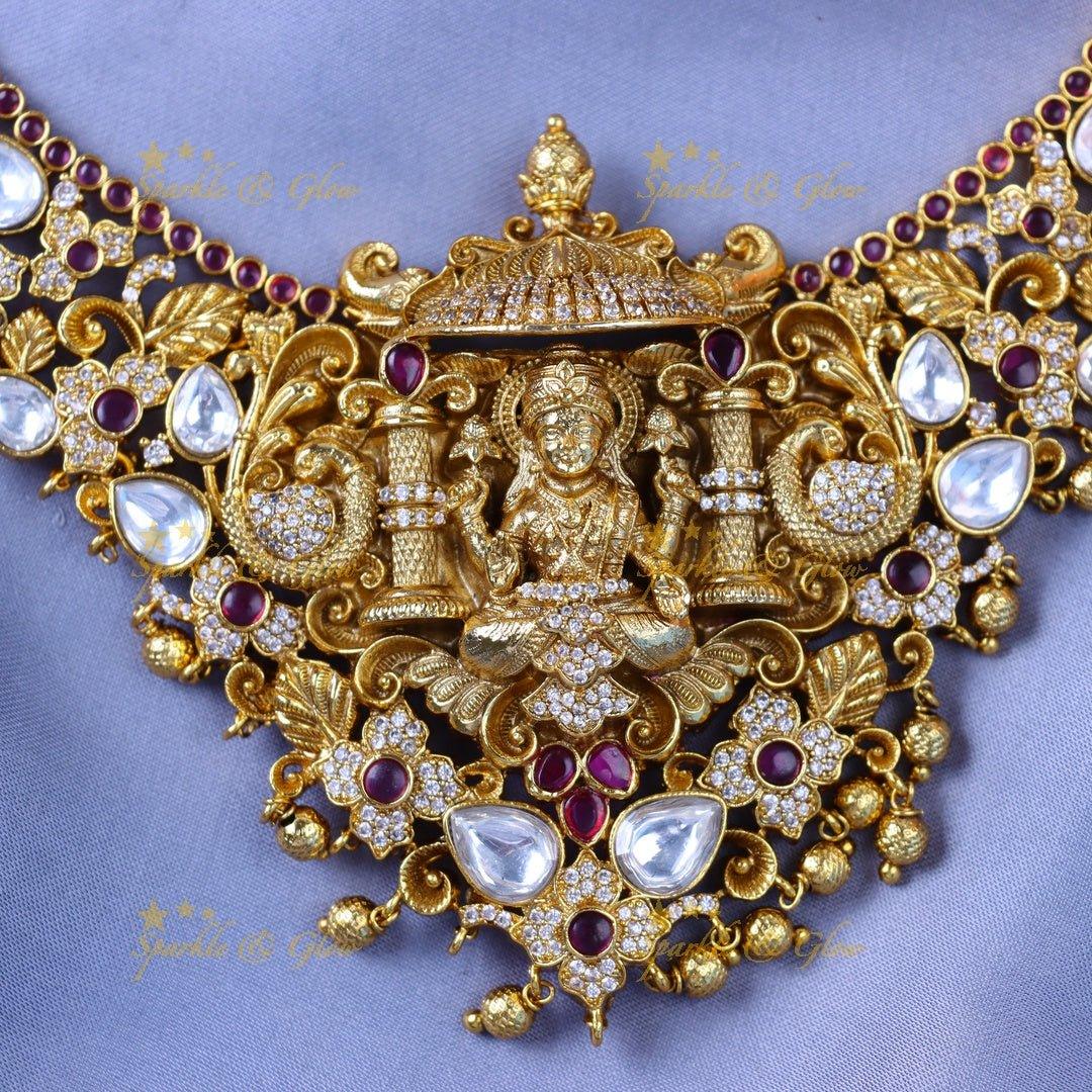 Gracious Idol Lakshmi Peacock Floral carved short necklace with gold beads - Sparkle and Glow