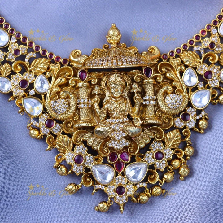 Gracious Idol Lakshmi Peacock Floral carved short necklace with gold beads - Sparkle and Glow
