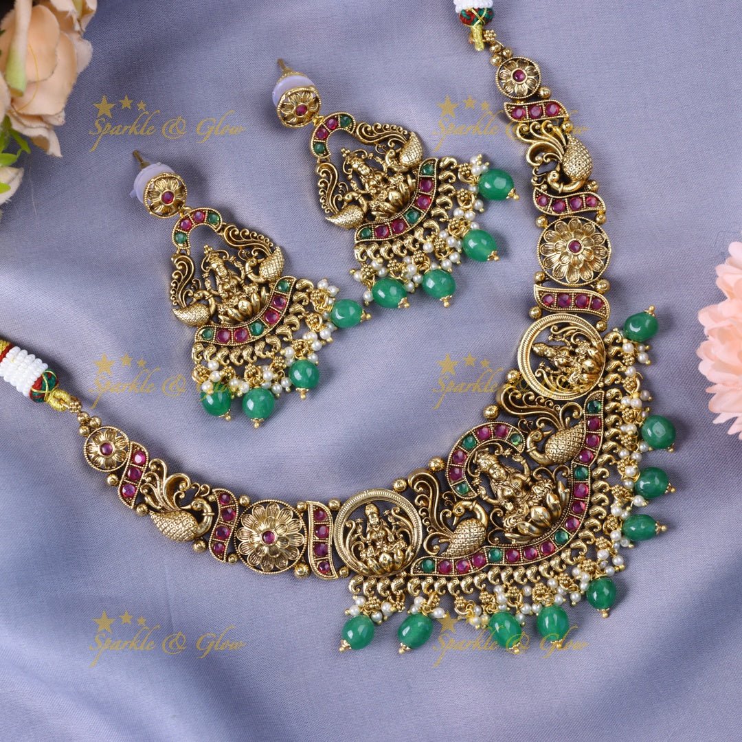Stunning Idol Lakshmi Peacock carved short necklace with Kemp stones - Sparkle and Glow - Back Thread - 