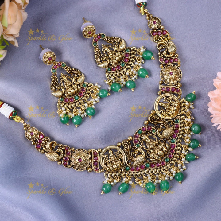 Stunning Idol Lakshmi Peacock carved short necklace with Kemp stones - Sparkle and Glow - Back Thread - 