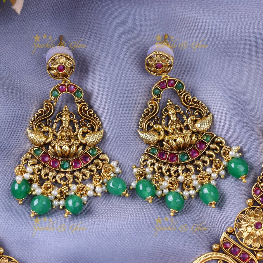 Stunning Idol Lakshmi Peacock carved short necklace with Kemp stones - Sparkle and Glow - Back Thread - 