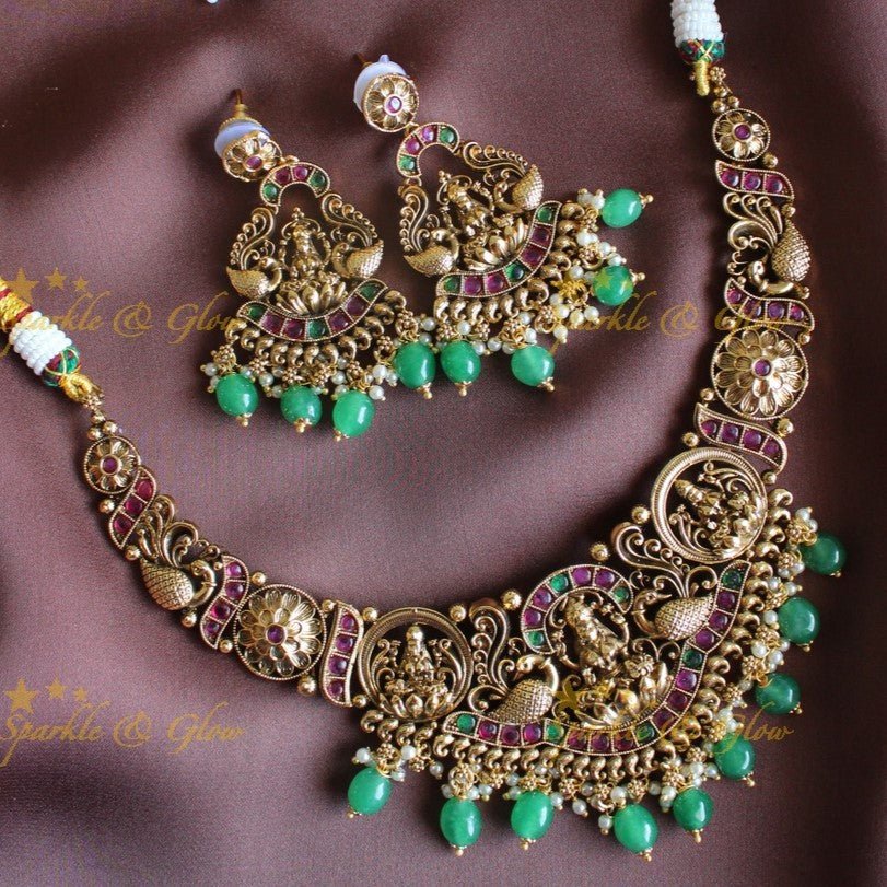 Stunning Idol Lakshmi Peacock carved short necklace with Kemp stones - Sparkle and Glow - Back Thread - 