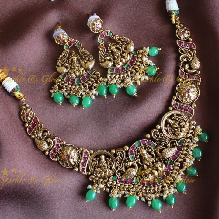 Stunning Idol Lakshmi Peacock carved short necklace with Kemp stones - Sparkle and Glow - Back Thread - 