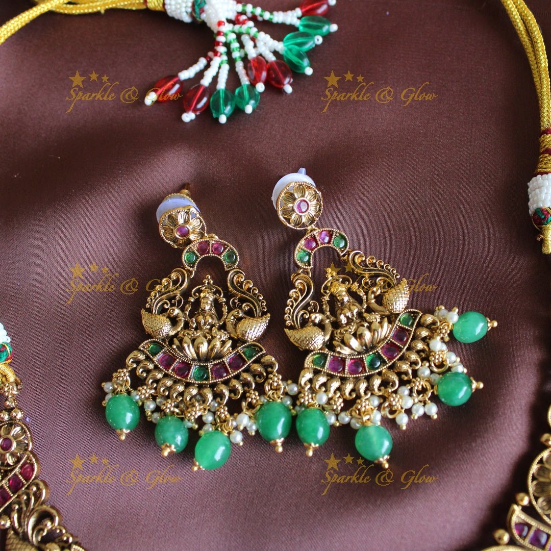 Stunning Idol Lakshmi Peacock carved short necklace with Kemp stones - Sparkle and Glow - Back Thread - 