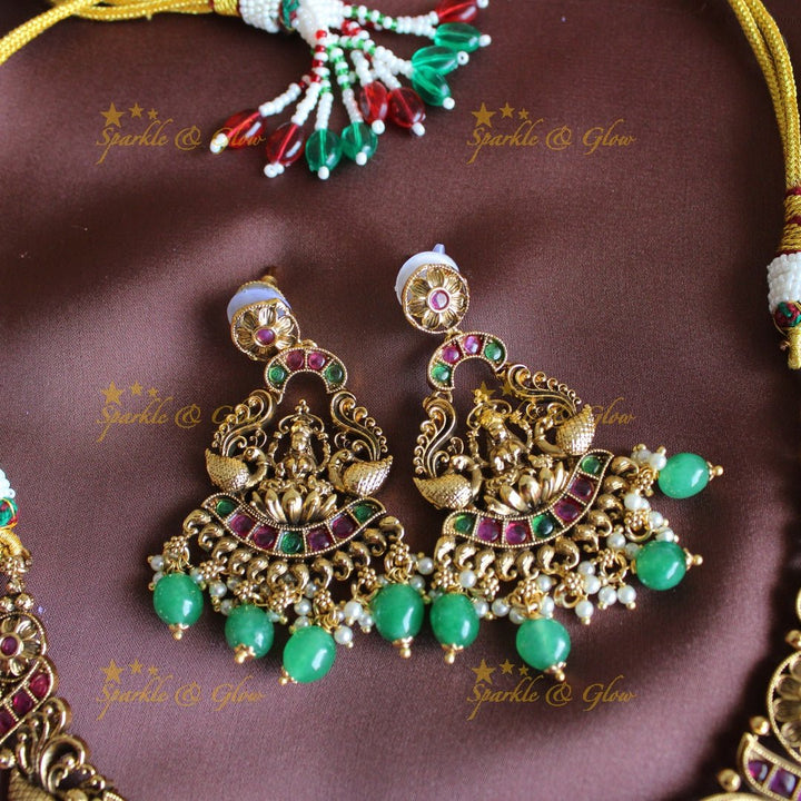 Stunning Idol Lakshmi Peacock carved short necklace with Kemp stones - Sparkle and Glow - Back Thread - 