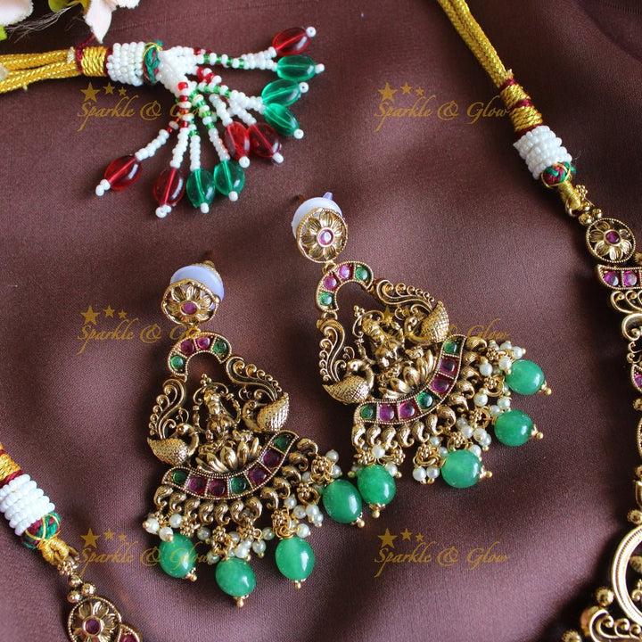 Stunning Idol Lakshmi Peacock carved short necklace with Kemp stones - Sparkle and Glow - Back Thread - 