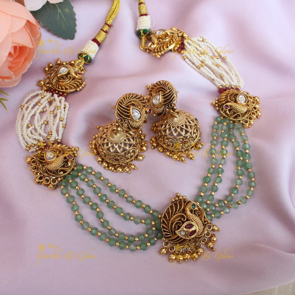 Beautiful Multi Peacock pendant carved beaded layered short necklace - Sparkle and Glow - Back Thread - 