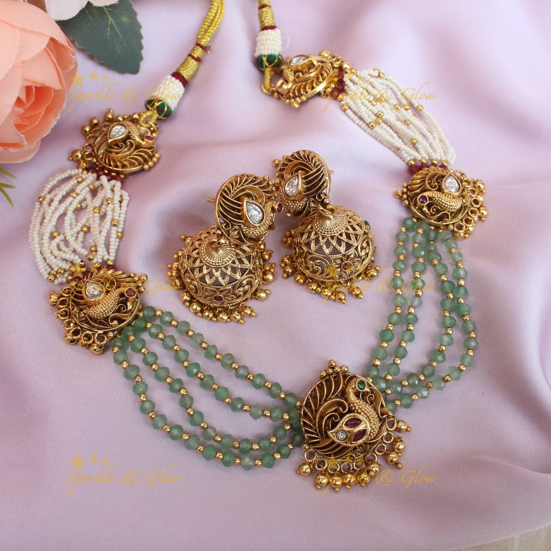 Beautiful Multi Peacock pendant carved beaded layered short necklace - Sparkle and Glow - Back Thread - 