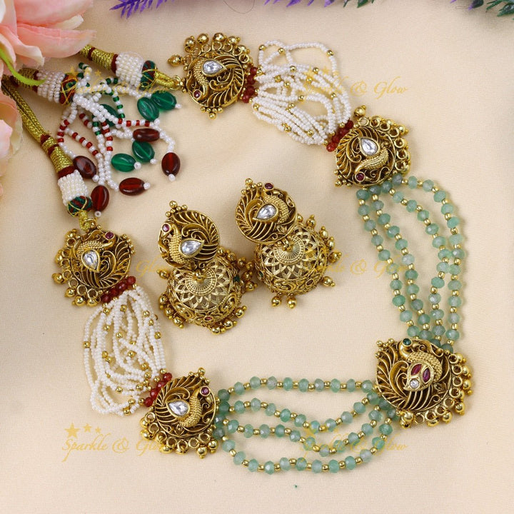 Beautiful Multi Peacock pendant carved beaded layered short necklace - Sparkle and Glow - Back Thread - 