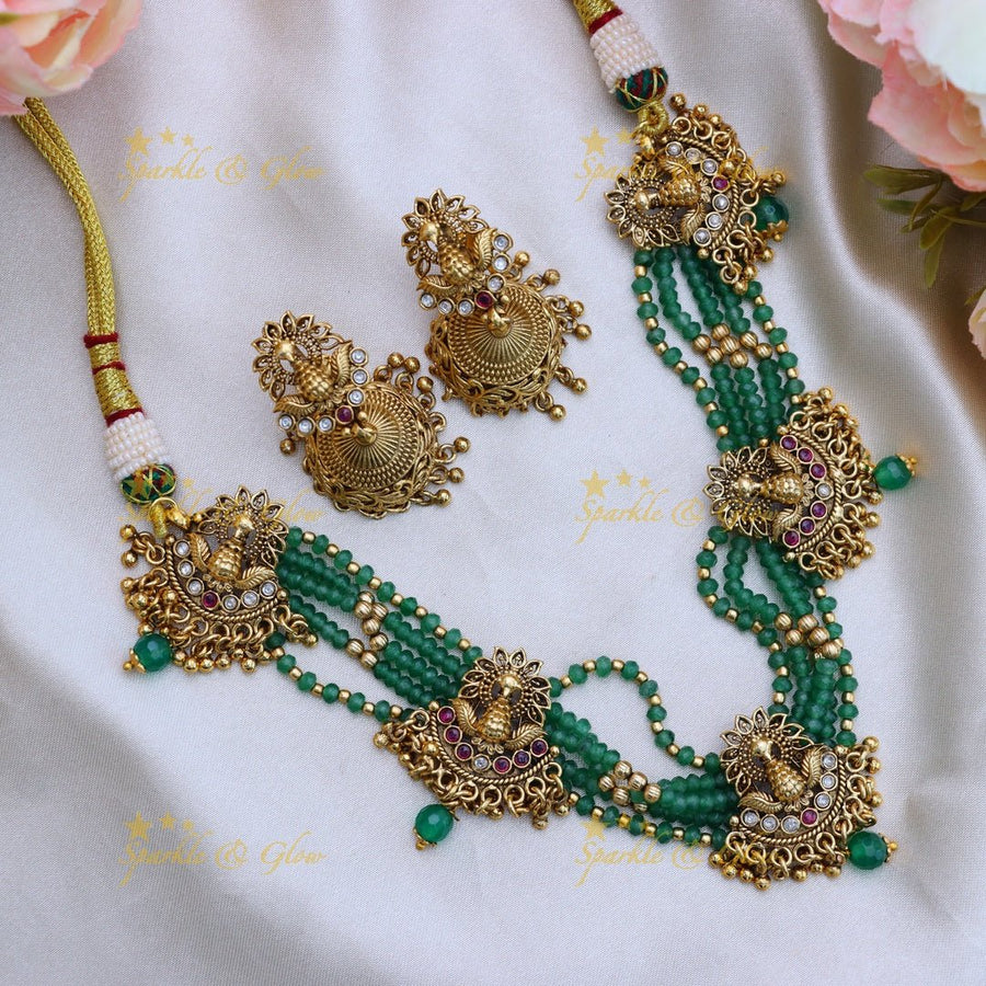 Stunning Dancing Peacock pendant carved beaded layered short necklace - Sparkle and Glow - Back Thread - 
