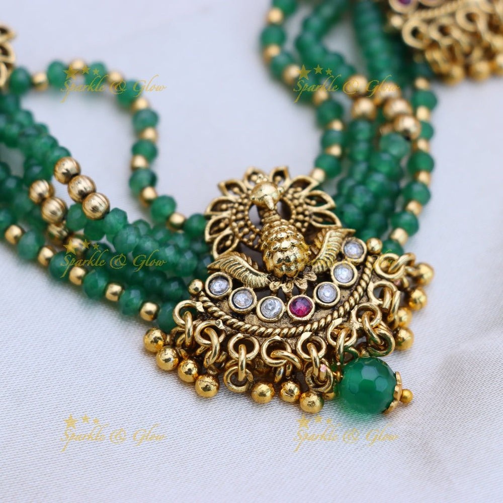 Stunning Dancing Peacock pendant carved beaded layered short necklace - Sparkle and Glow - Back Thread - 