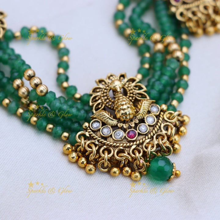 Stunning Dancing Peacock pendant carved beaded layered short necklace - Sparkle and Glow - Back Thread - 
