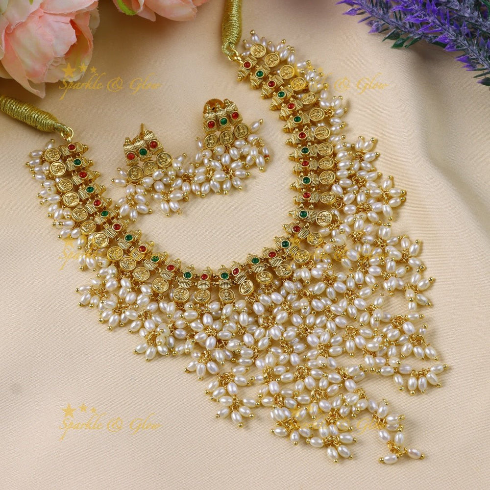 Stunning Idol Lakshmi coin carved kemp short necklace with rice pearls - Sparkle and Glow - Back Thread - 