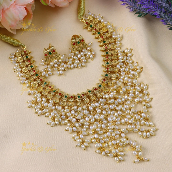 Stunning Idol Lakshmi coin carved kemp short necklace with rice pearls - Sparkle and Glow - Back Thread - 