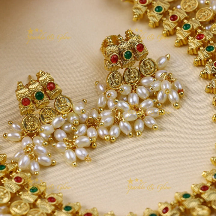 Stunning Idol Lakshmi coin carved kemp short necklace with rice pearls - Sparkle and Glow - Back Thread - 