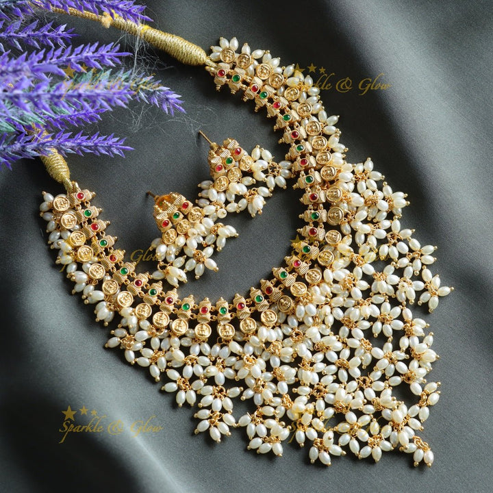 Stunning Idol Lakshmi coin carved kemp short necklace with rice pearls - Sparkle and Glow - Back Thread - 