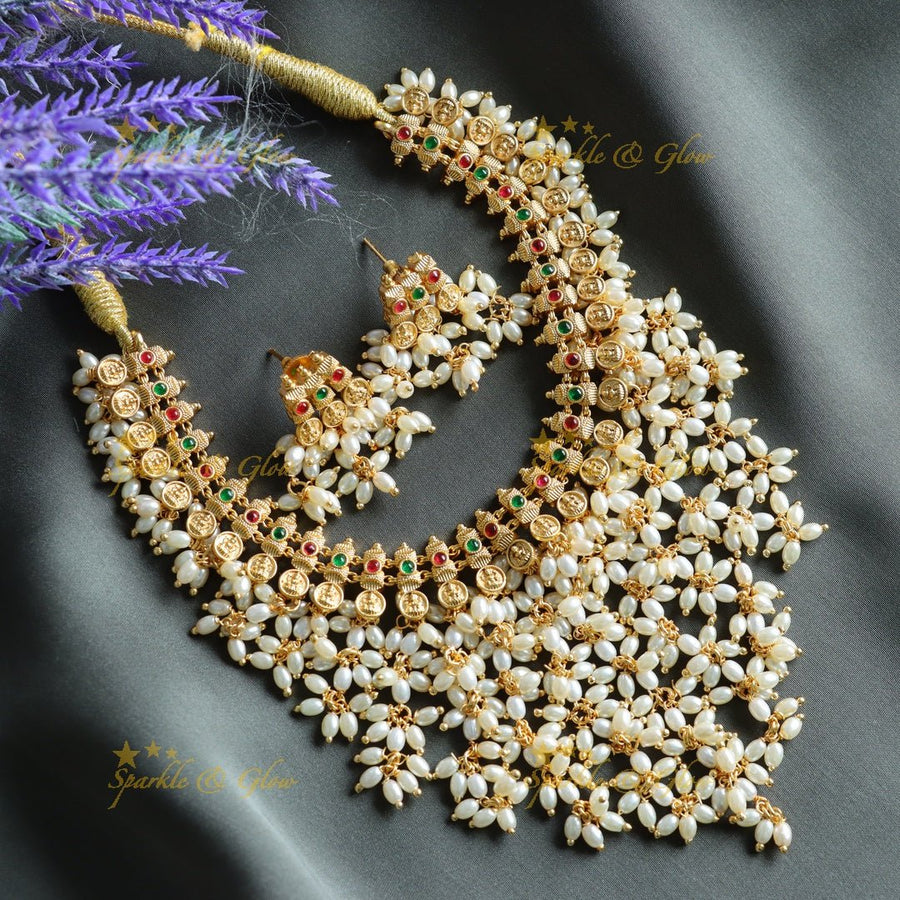 Stunning Idol Lakshmi coin carved kemp short necklace with rice pearls - Sparkle and Glow - Back Thread - 