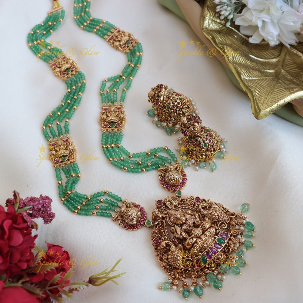 Pretty lakshmi peacock design with mint green beads haram - Sparkle and Glow - Back Thread - 