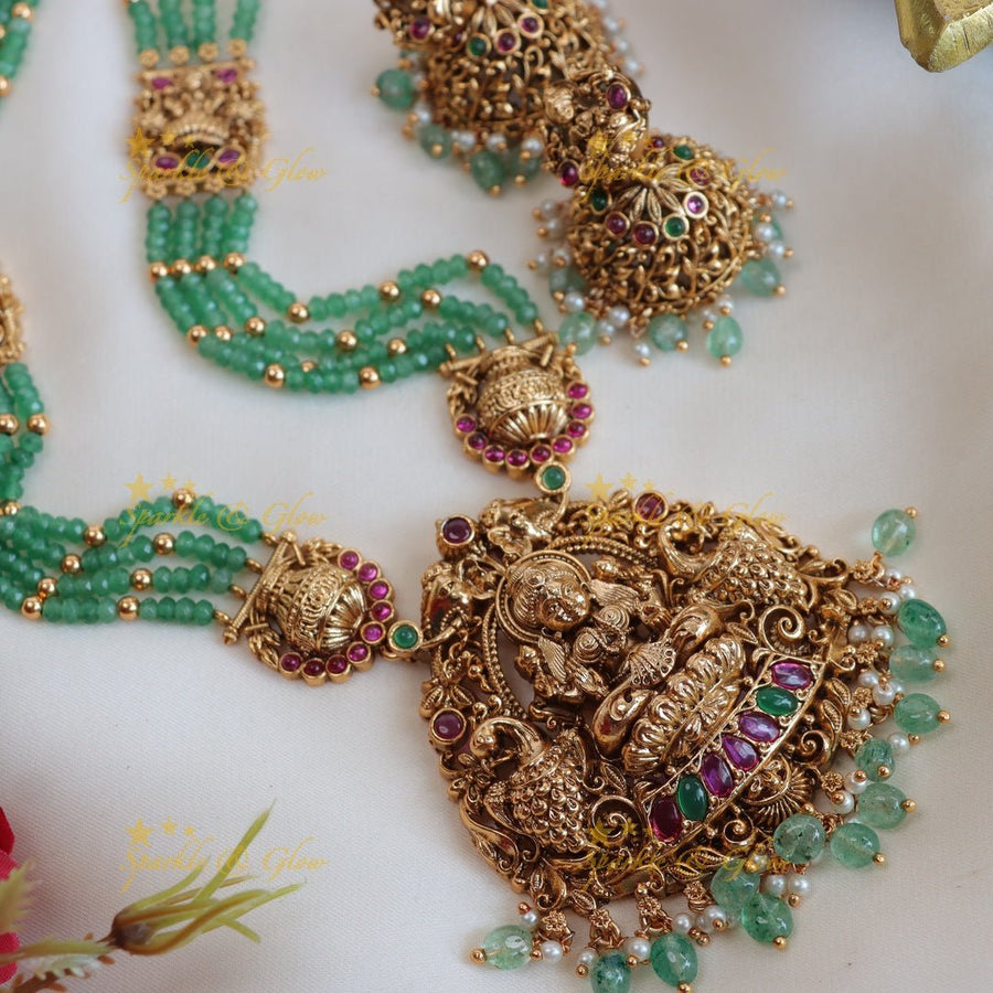 Pretty lakshmi peacock design with mint green beads haram - Sparkle and Glow - Back Thread - 